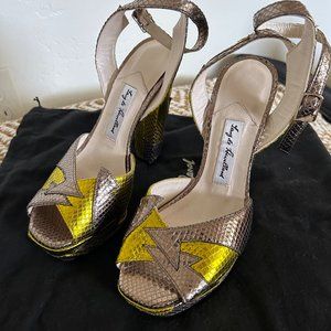 Terry de Havilland heels silver/yellow sz 38 never worn orig. $500